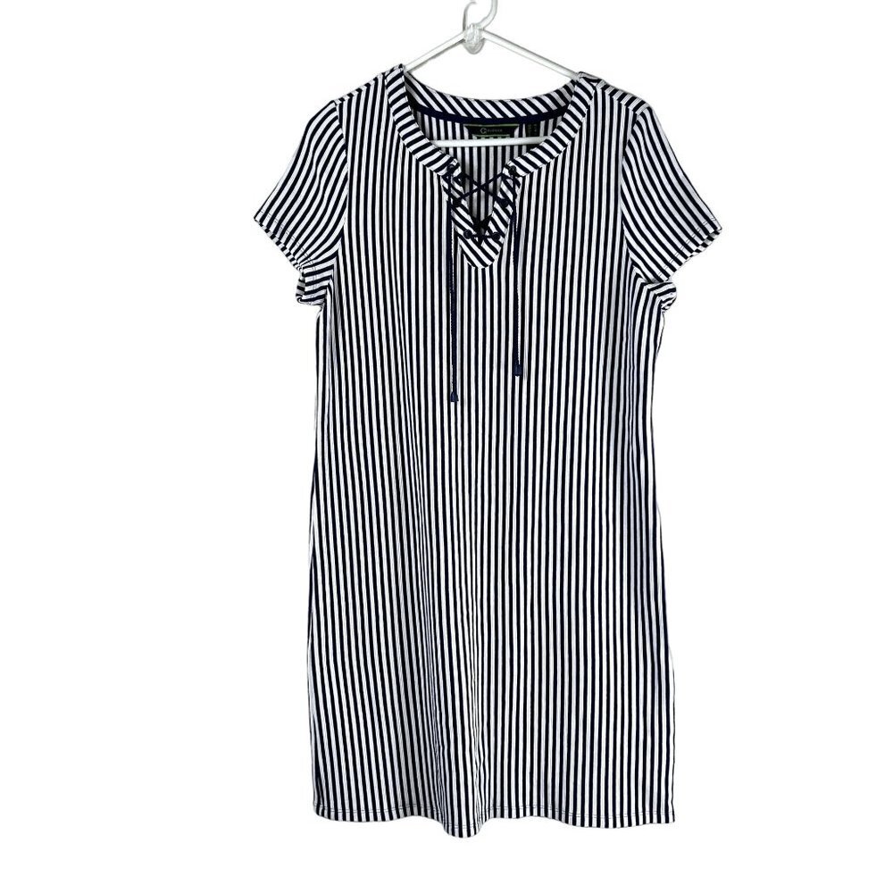 C Wonder Dress Womens Size M Navy White‎ Striped Lace Up Textured Shift Nautical